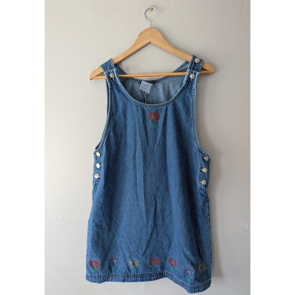 Vintage y2k TRUE BLUE Denim Jumper Dress Medium Cottage Core floral embroidery